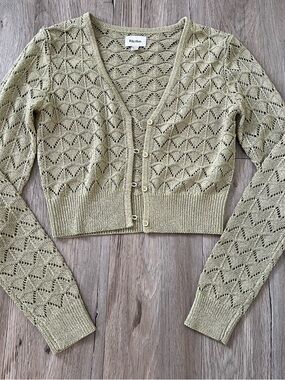 Rhythm. Olive Cropped Open-Knit Button Cardigan